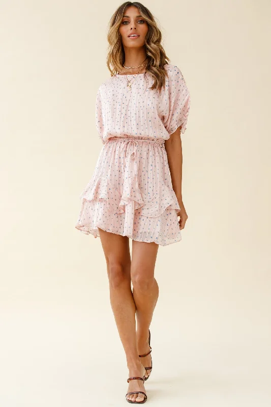 Mollina Frill Sleeve Layered Hem Dress Spot Print Blush