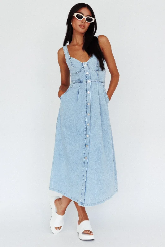 Pixie Dust Button Front Midi Dress Denim Blue