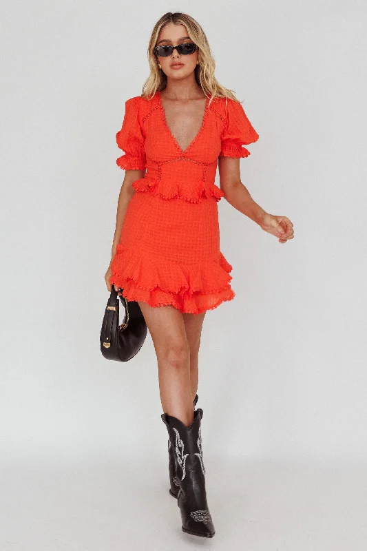 Preston Puff Sleeve Crochet Trim Dress Coral