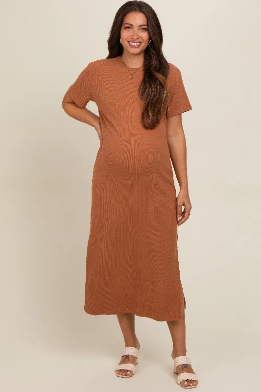 Camel Short Sleeve Side Slit Maternity T-Shirt Midi Dress