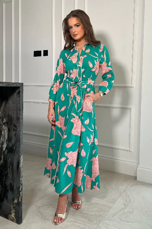 Angela Green And Pink Floral Midi Shirt Dress