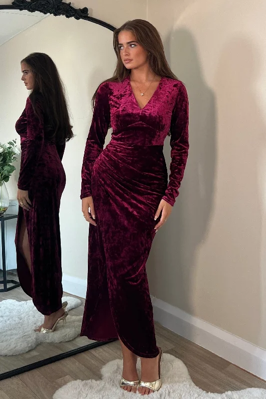 Hailey Wine Velvet Asymmetric Wrap Midi Dress