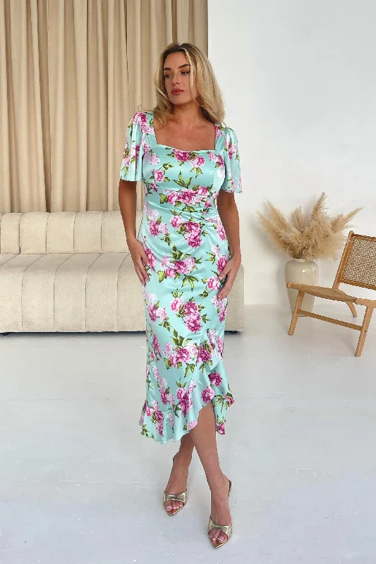 Heidi Green Floral Ruched Midi Dress