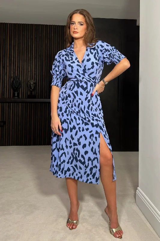 Katherin Blue Animal Collared Midi Dress