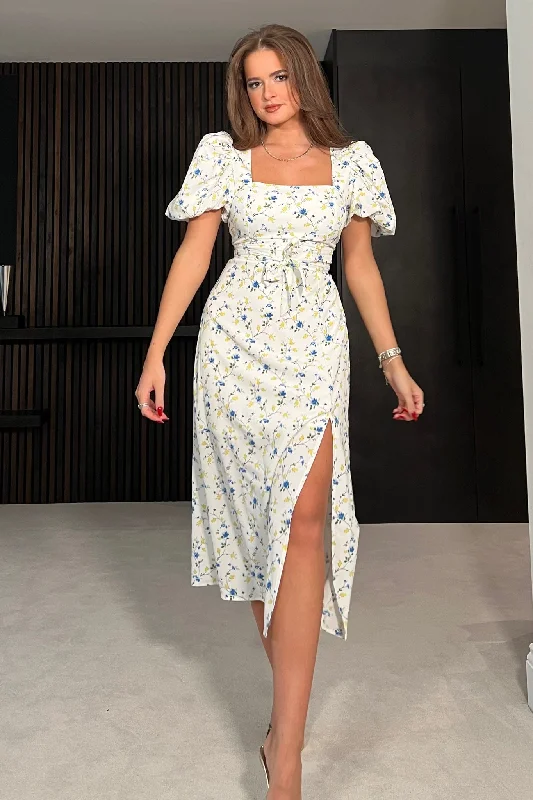 Meara Square Neck Midi Dress Blue Floral