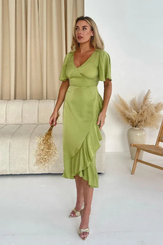 Yara V Neck Frill Midi Lime