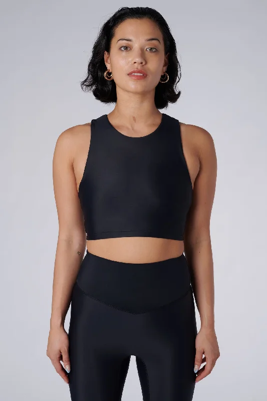 Tula High Neck Racer Back Crop Top | Recycled Nylon | Black