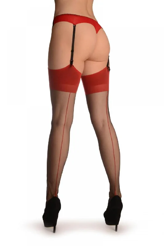 Black With Red Seam & Red Garter Retro Stockings