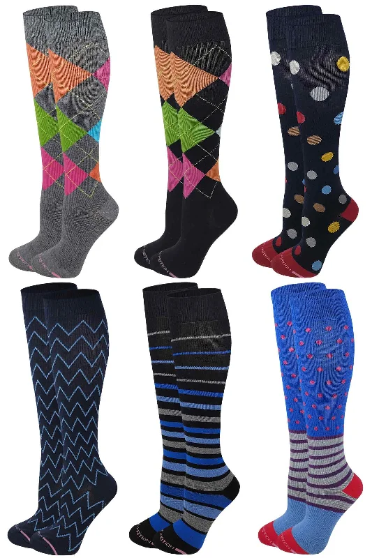 Knee High Compression Socks | Assorted Gradated Cotton | Women's (6 Pairs)