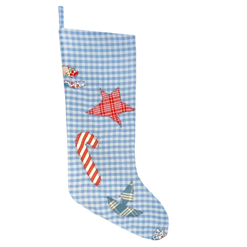 HEIRLOOM CHRISTMAS STOCKING - BLUE PLAID TOYLAND