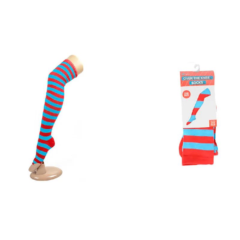 Thigh - high stockings with a lace garter beltOver The Knee Socks - Red & Blue