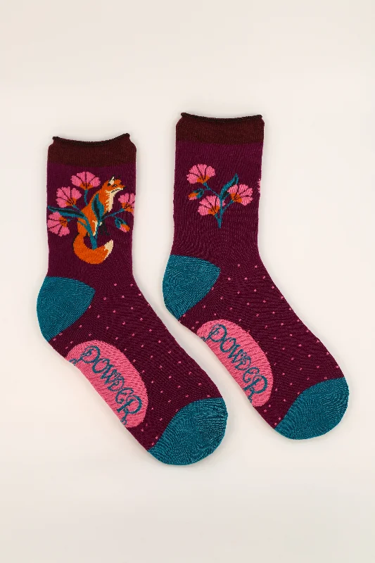 Powder Ladies Bamboo Cotton Knit Socks - Fox In The Meadow -Grape