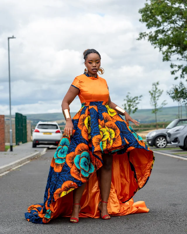 Barbra Ankara High Low Dress | Orange and Blue African Print