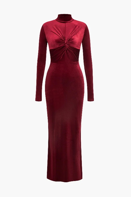 Velvet Twisted Ruched Long Sleeve Maxi Dress