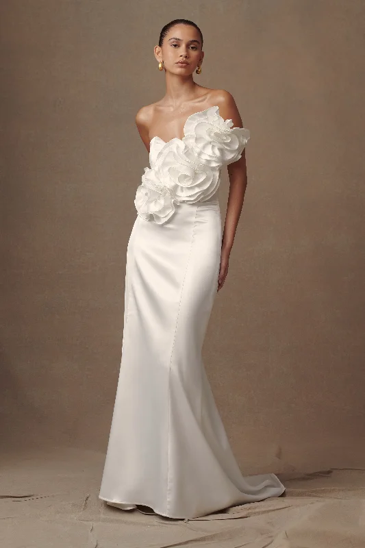 Olivia Strapless Satin Rose Wedding Gown - White