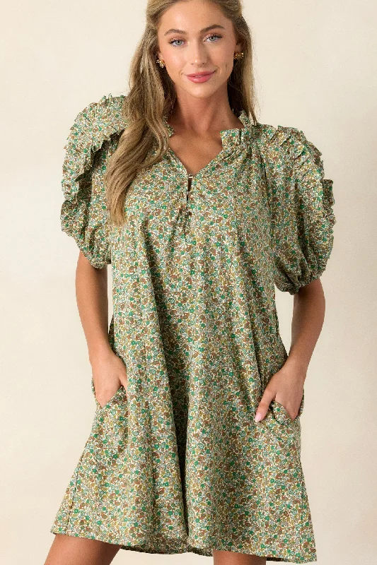 Can't Replace You Green 100% Cotton Puff Sleeve Mini Dress