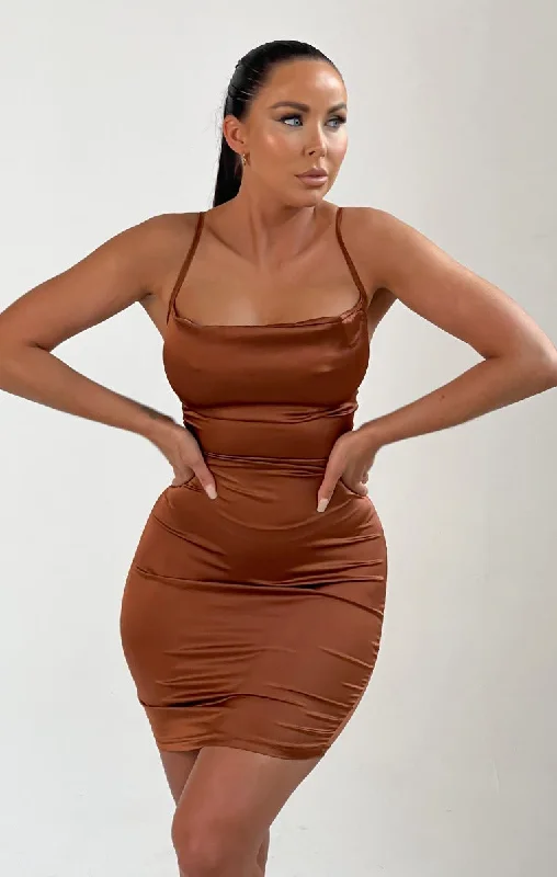 Chocolate Satin Lace Up Back Strappy Bodycon Mini Dress - Clary