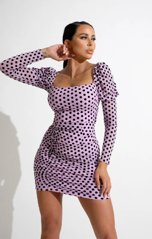 Lilac Polka Dot Mesh Bodycon Mini Dress - Habiba