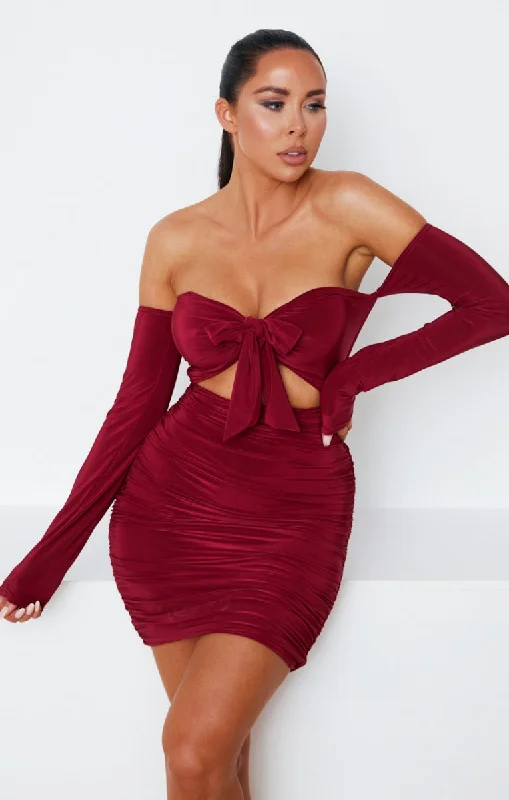 Wine Slinky Ruched Bardot Long Sleeve Cut Out Tie Front  Bodycon Mini Dress - Zion