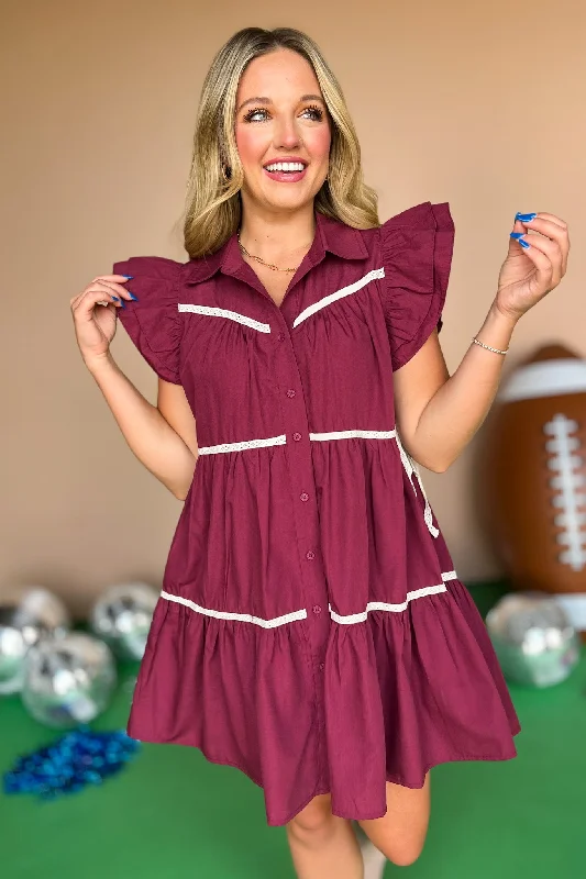 Burgundy Collared Double Ruffle Sleeve Tie Side Detail Button Down Dress *FINAL SALE*