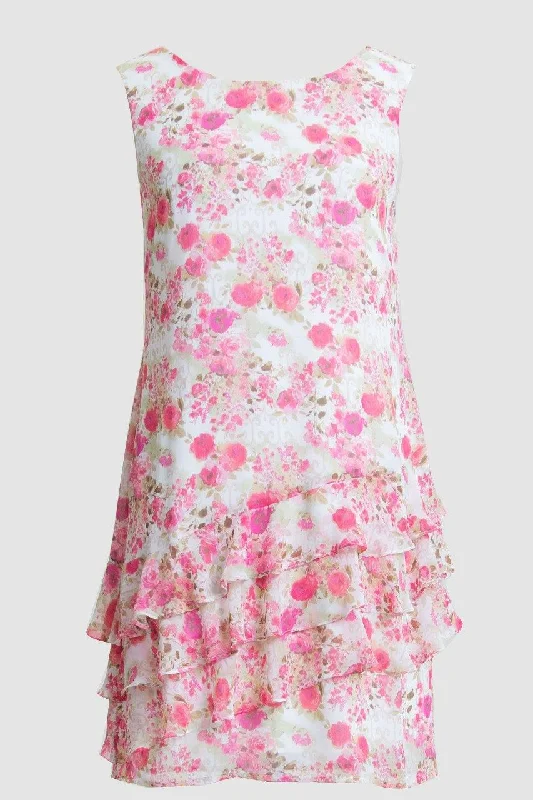 Connected Apparel Short Floral Print Tiered Dress