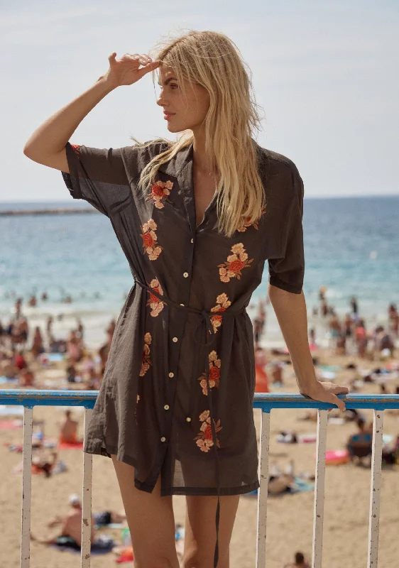 Embroidered Rose Shirt Mini Dress