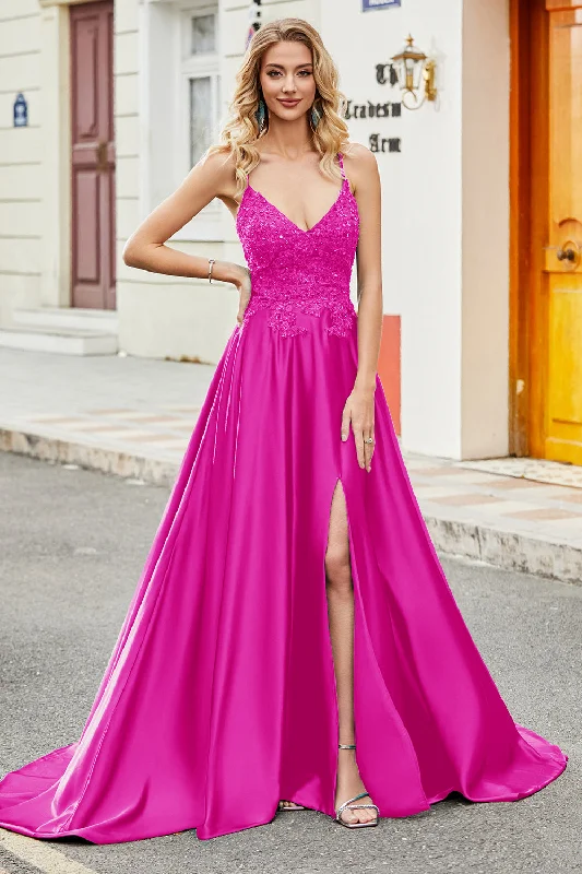 Fuchsia A Line Spaghetti Straps Long Prom Dress with Appliques