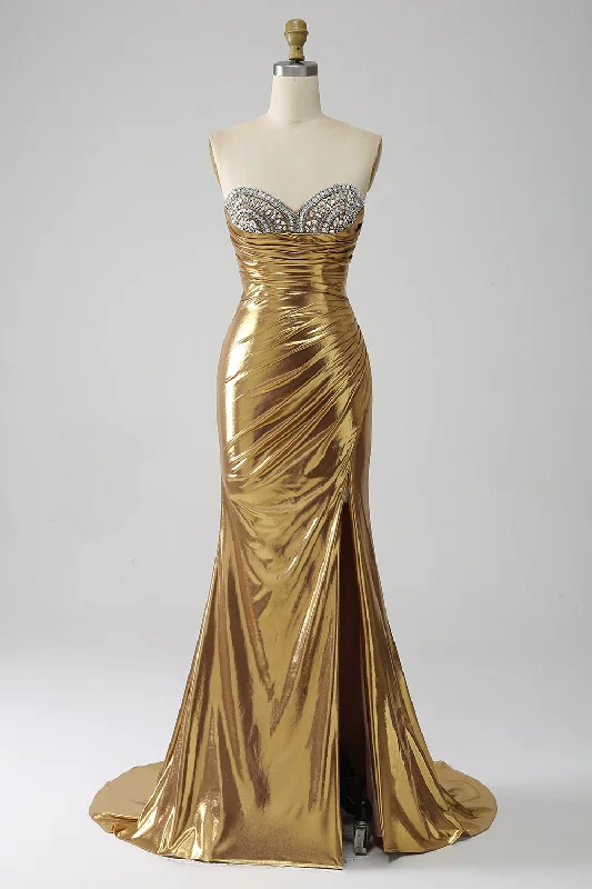 Golden Mermaid Strapless Long Metallic Prom Dress with Slit