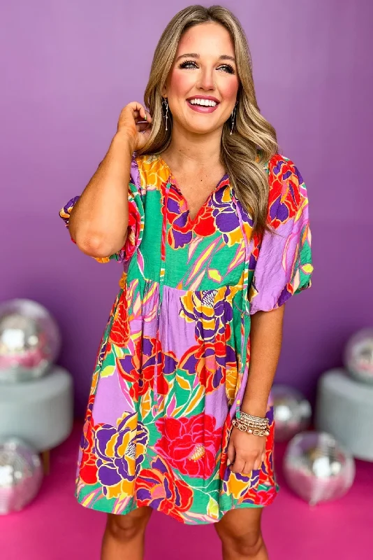 Green Multi Floral Tie Neck Half Balloon Sleeve Dress