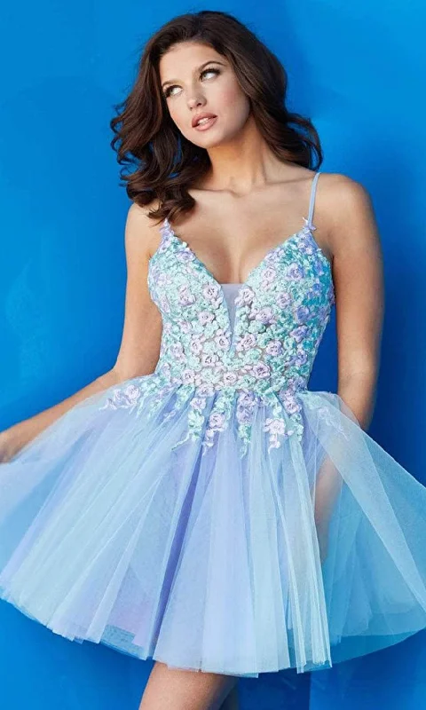 Jovani 09728 - Deep V-neck Tulle Short Dress