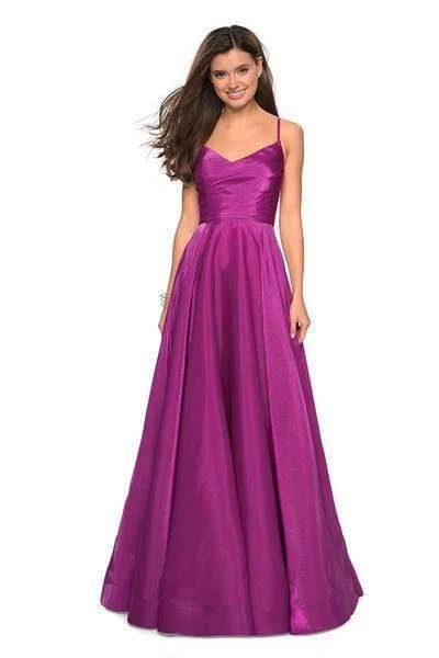 La Femme - 27226 Pleated V-neck Satin A-line Dress