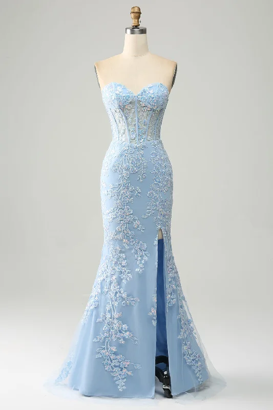 Light Blue Mermaid Sweetheart Corset Appliques Prom Dress With Side Slit