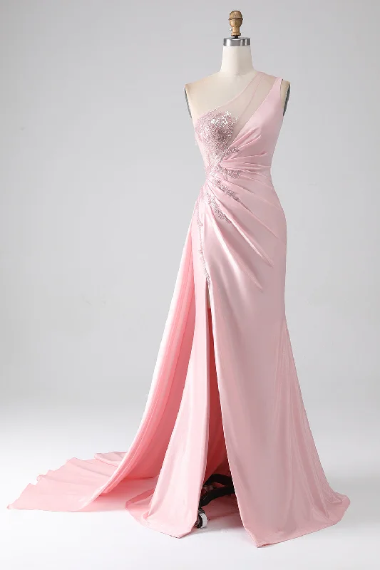 Pink Mermaid One Shoulder Sequins Appliques Ruched Prom Dress With Slit