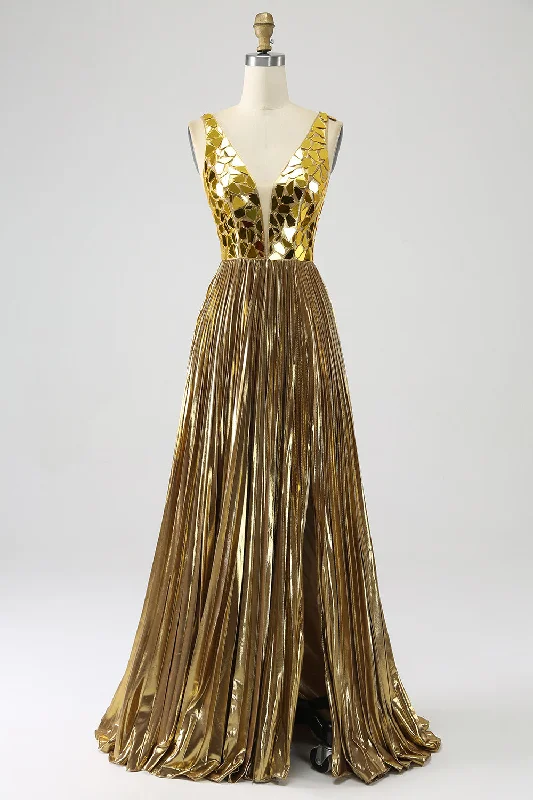 Sparkly A Line Deep V-Neck Golden Long Metallic Prom Dress with Split Front