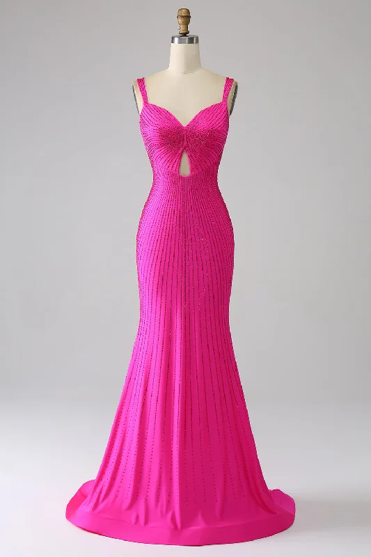 Sparkly Mermaid Hot Pink Prom Dress with Hollow-out