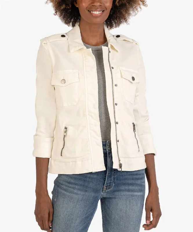 Women's long - sleeve wool coats in a houndstooth pattern for a classic charmAmanda Utility Denim Jacket In Ecru Women's long - sleeve wool coats in a houndstooth pattern for a classic charmAmanda Utility Denim Jacket In Ecru