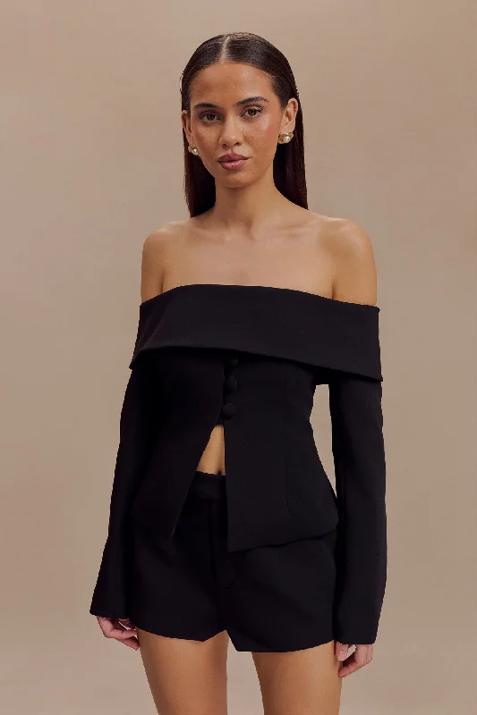 Women's knee - length wool blend coats with a fur collar for added warmthCelene Off Shoulder Jacket - Black Women's knee - length wool blend coats with a fur collar for added warmthCelene Off Shoulder Jacket - Black