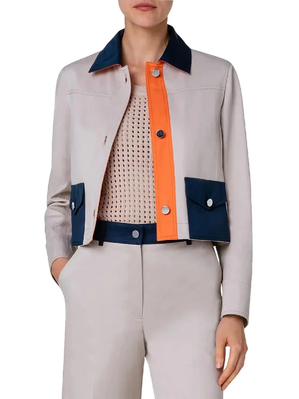 Petite women's wool blend coats with a tailored fit for a flattering silhouetteCollared Jean Jacket In Beige/navy/orange Petite women's wool blend coats with a tailored fit for a flattering silhouetteCollared Jean Jacket In Beige/navy/orange