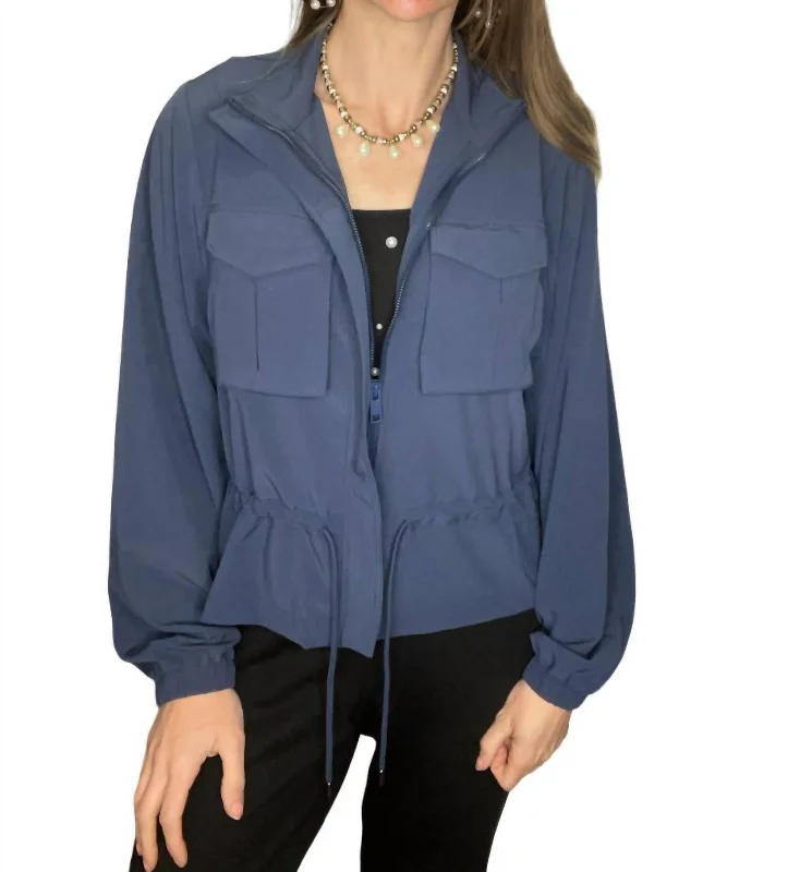 Water - resistant women's trench coats with adjustable cuffs for rainy daysCrinkle Woven Long Sleeve Jacket In Navy Water - resistant women's trench coats with adjustable cuffs for rainy daysCrinkle Woven Long Sleeve Jacket In Navy