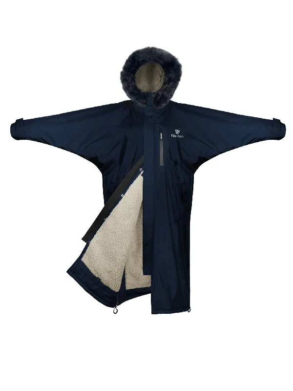 Women's pea coats with brass buttons for a nautical - inspired styleEvolution Women's | Thick Fleece | Fur Hood | Navy/Cream Women's pea coats with brass buttons for a nautical - inspired styleEvolution Women's | Thick Fleece | Fur Hood | Navy/Cream