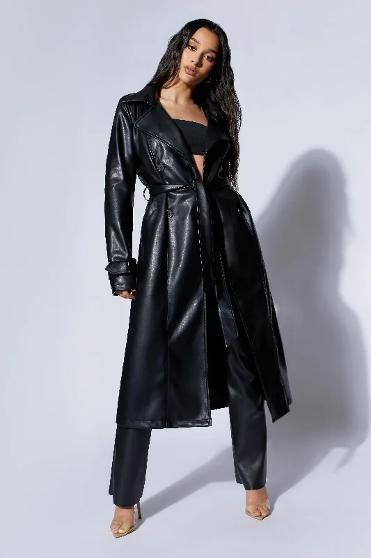 Women's long - sleeve wool coats in a houndstooth pattern for a classic charmIsla Pu Trench - Black Women's long - sleeve wool coats in a houndstooth pattern for a classic charmIsla Pu Trench - Black