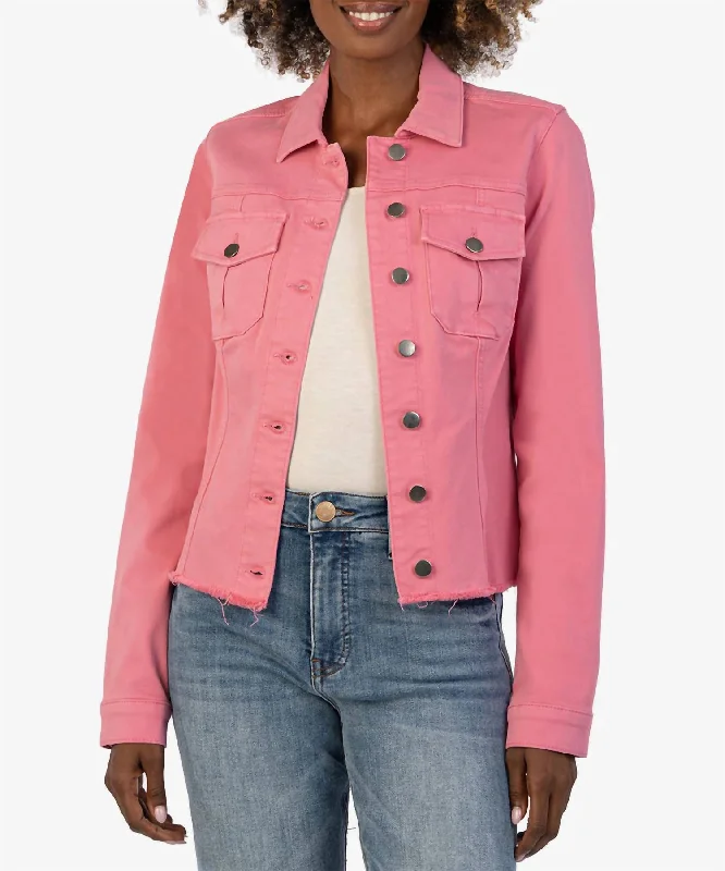 Women's knee - length wool blend coats with a fur collar for added warmthKara Denim Jacket In Plush Pink Women's knee - length wool blend coats with a fur collar for added warmthKara Denim Jacket In Plush Pink
