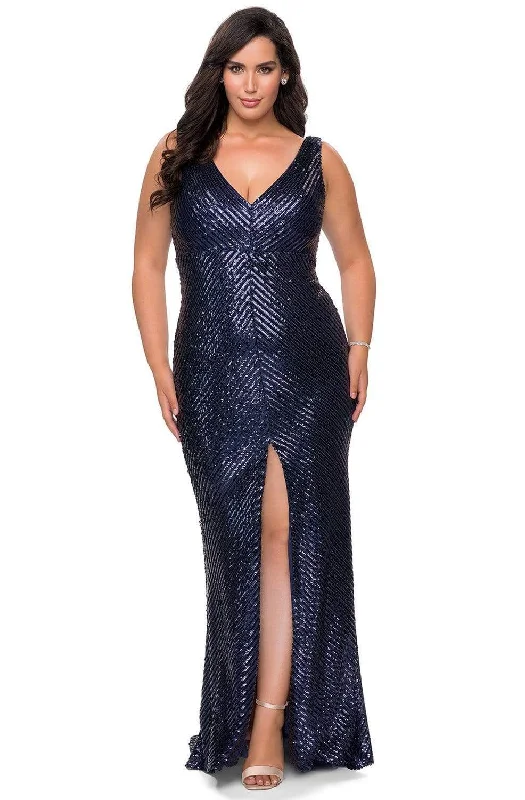 La Femme - 28796 Sequined V-Neck Modest Prom Dress with Slit