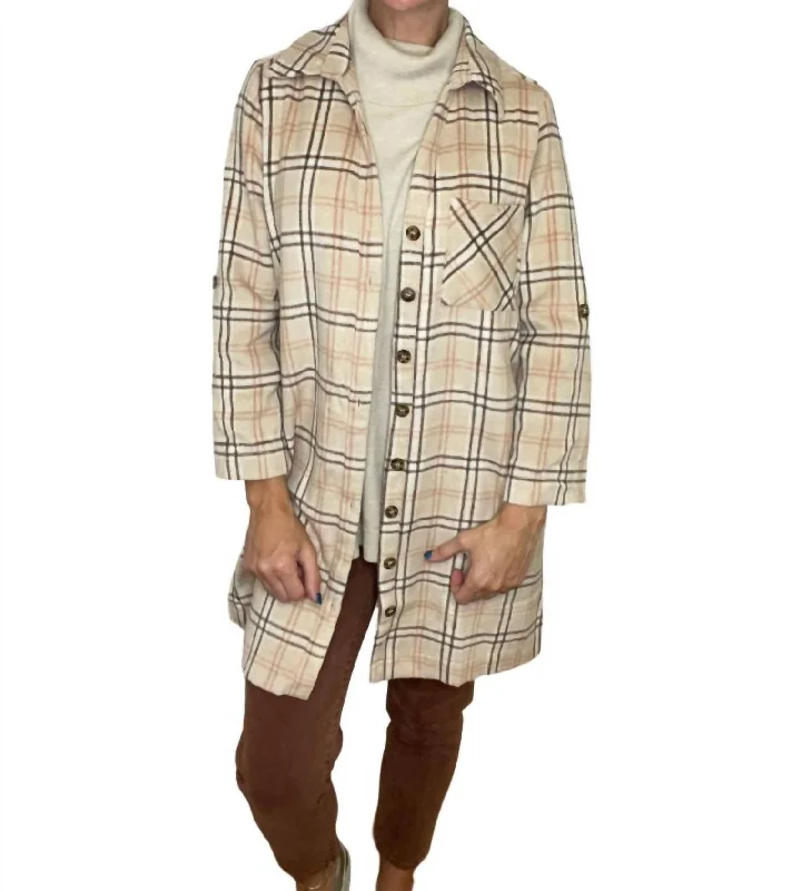 Water - resistant women's trench coats with adjustable cuffs for rainy daysPatrice Plaid Shacket In Cream Multi Water - resistant women's trench coats with adjustable cuffs for rainy daysPatrice Plaid Shacket In Cream Multi