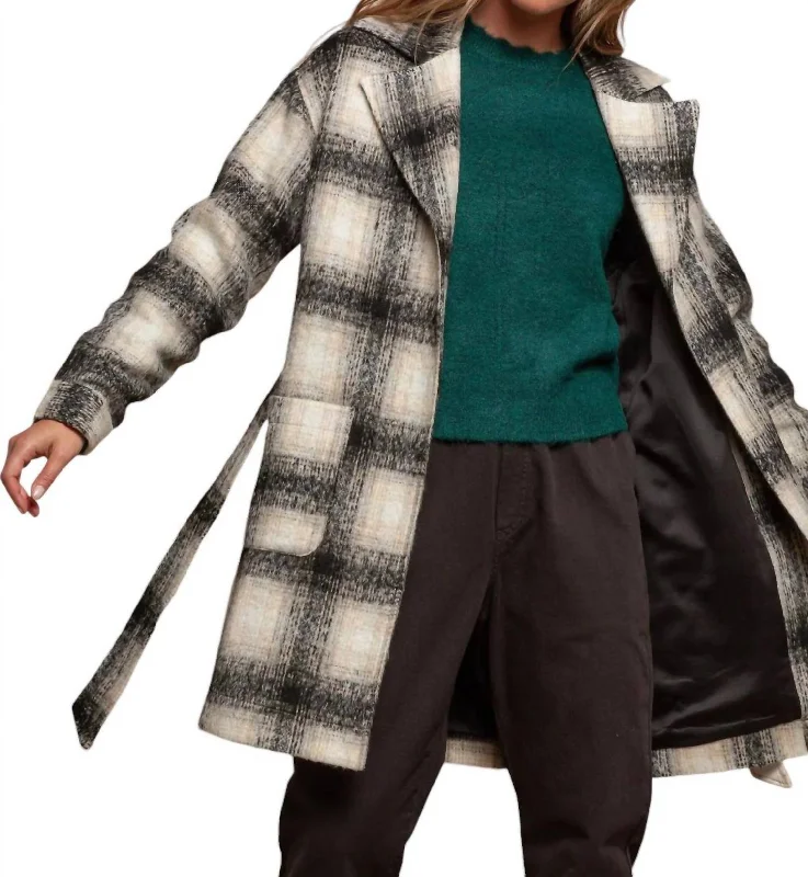 Women's faux fur coats in bright colors for a bold fashion statementPlaid Tie Closure Jacket In Beige/black Women's faux fur coats in bright colors for a bold fashion statementPlaid Tie Closure Jacket In Beige/black