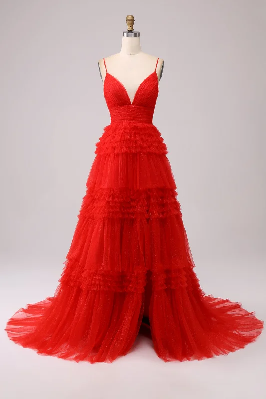 Red A Line Spaghetti Straps Long Prom Dress with Ruffles