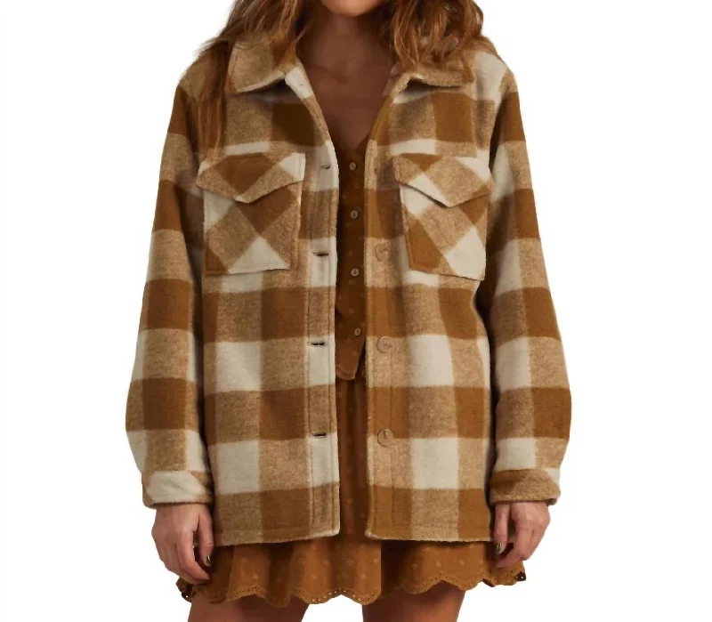 Mid - length women's down coats in a slim fit for a modern and sleek appearanceShearling Chore Coat In Brass Checker Mid - length women's down coats in a slim fit for a modern and sleek appearanceShearling Chore Coat In Brass Checker
