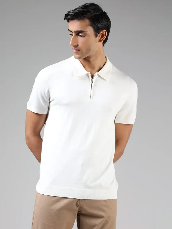 Ascot Off White Relaxed-Fit Polo Zipper T-Shirt