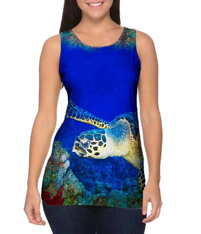 Plus Size Women's Embroidered Tank Tops in Boho StylesHawksbill Sea Turtle Underwater Plus Size Women's Embroidered Tank Tops in Boho StylesHawksbill Sea Turtle Underwater